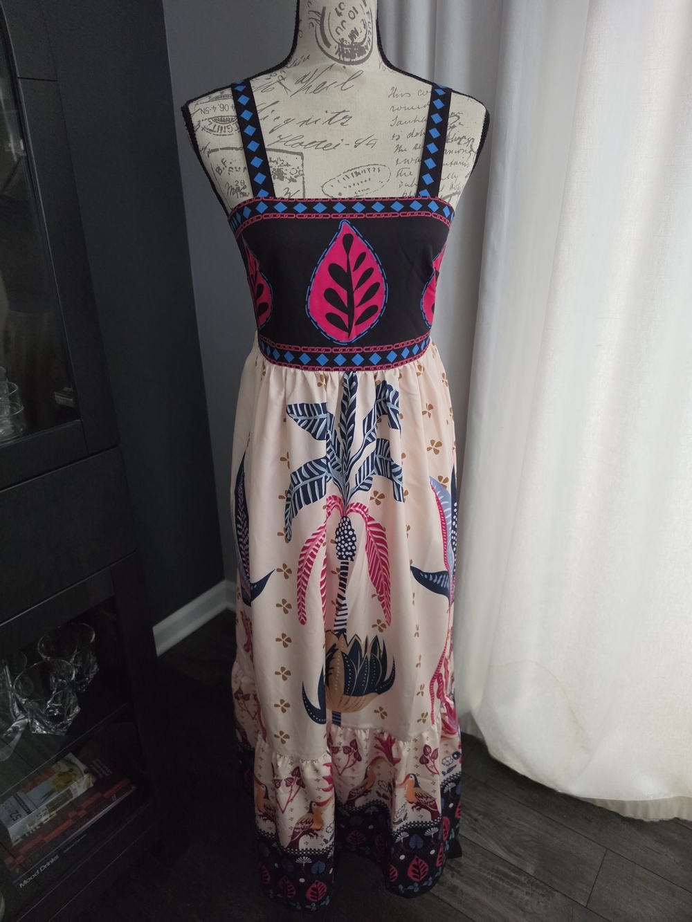 Boho Floral Maxi Dress with Pink & Navy Accents